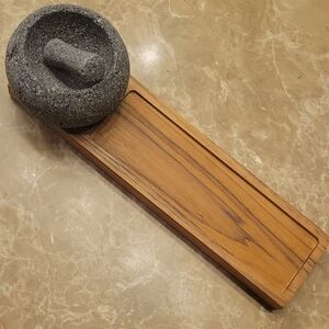 Stone Mortar and Pestle with Wooden Tray